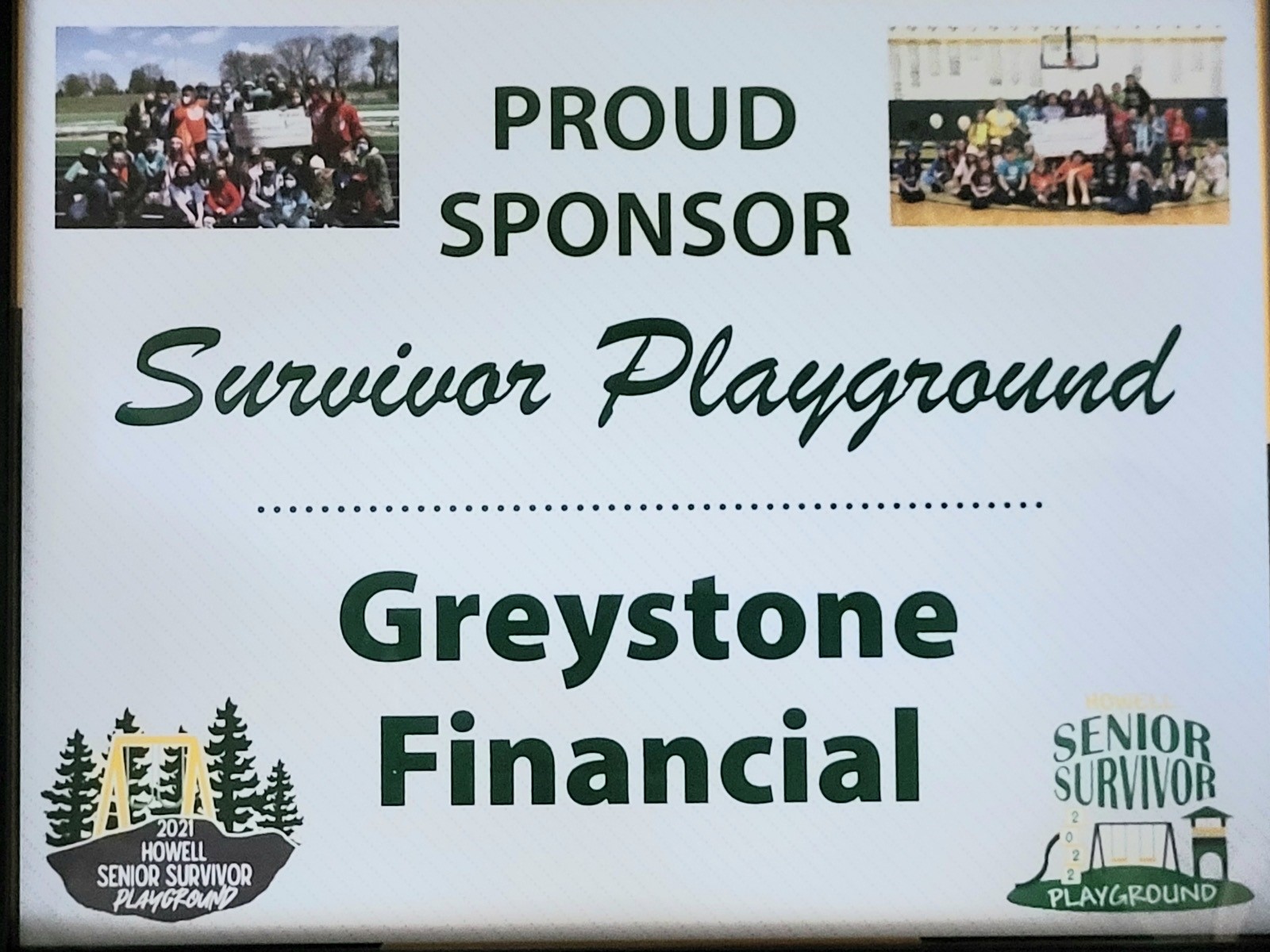 Greystone Financial Sponsor pledge for the Howell Senior Survivor Playground with images of students and survivor playground logo